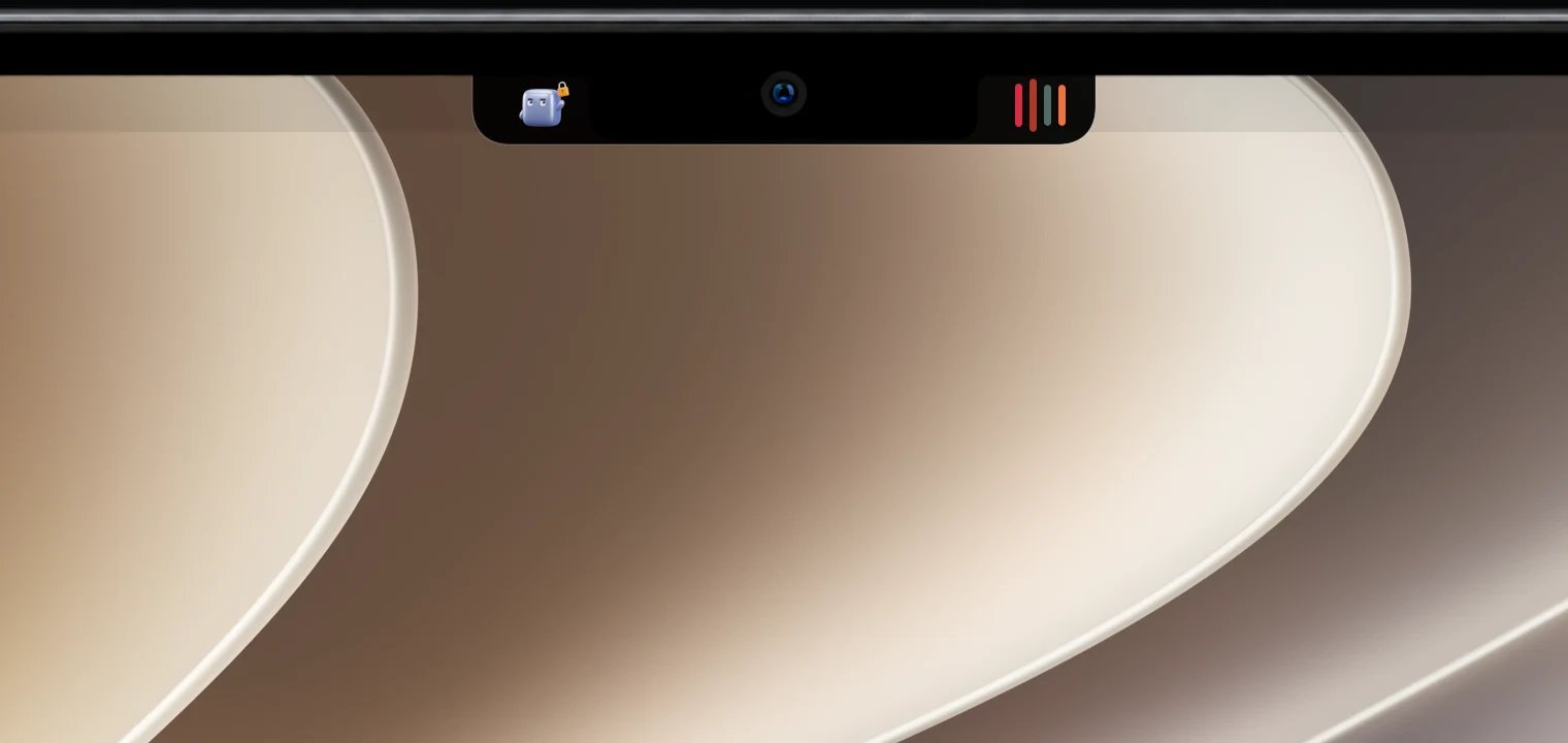 Terminal icon beside the notch with an orange hand badge