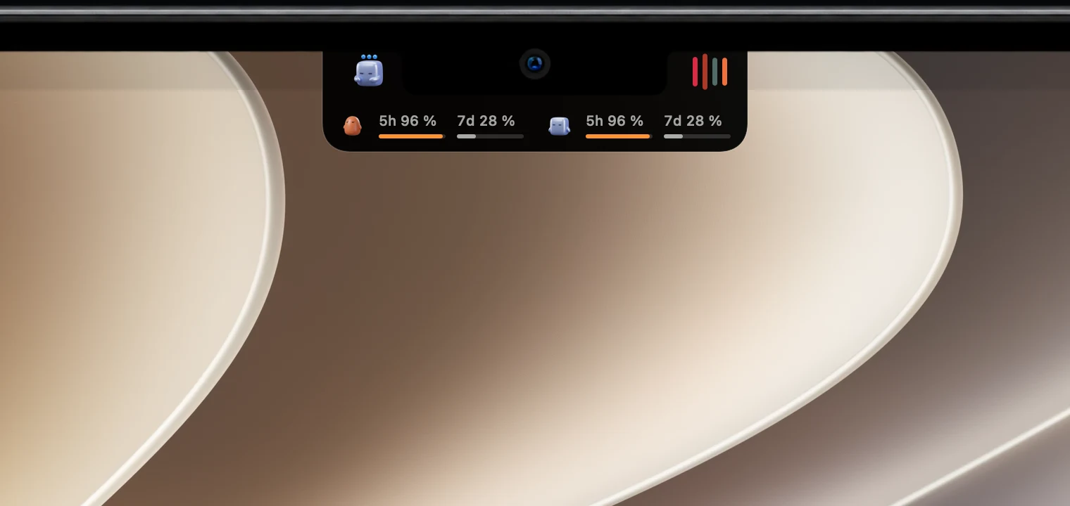 Usage bars for two coding agents below the notch, with the 5-hour window at 96% shown in orange