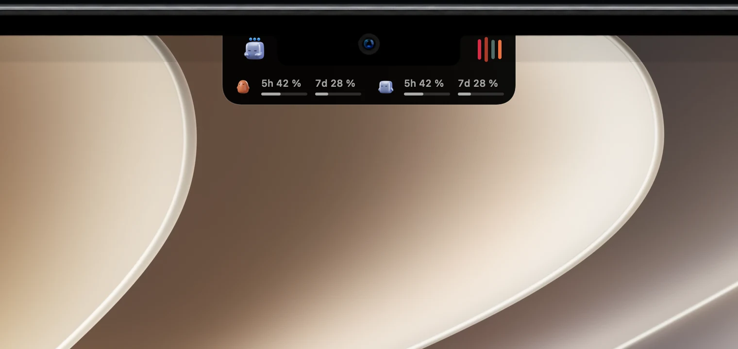 Five-hour and seven-day usage bars for two coding agents below the notch